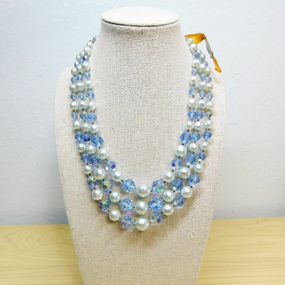 Laguna - Triple Stranded Blue Faceted Beaded Necklace with Faux Pearls -…